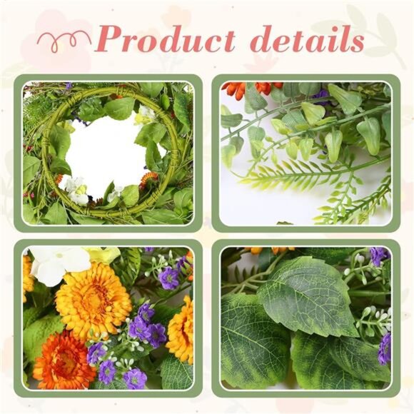 18" Spring Wreaths for Front Door Summer Wreath with Daisy Flowers - Picture 4 of 7